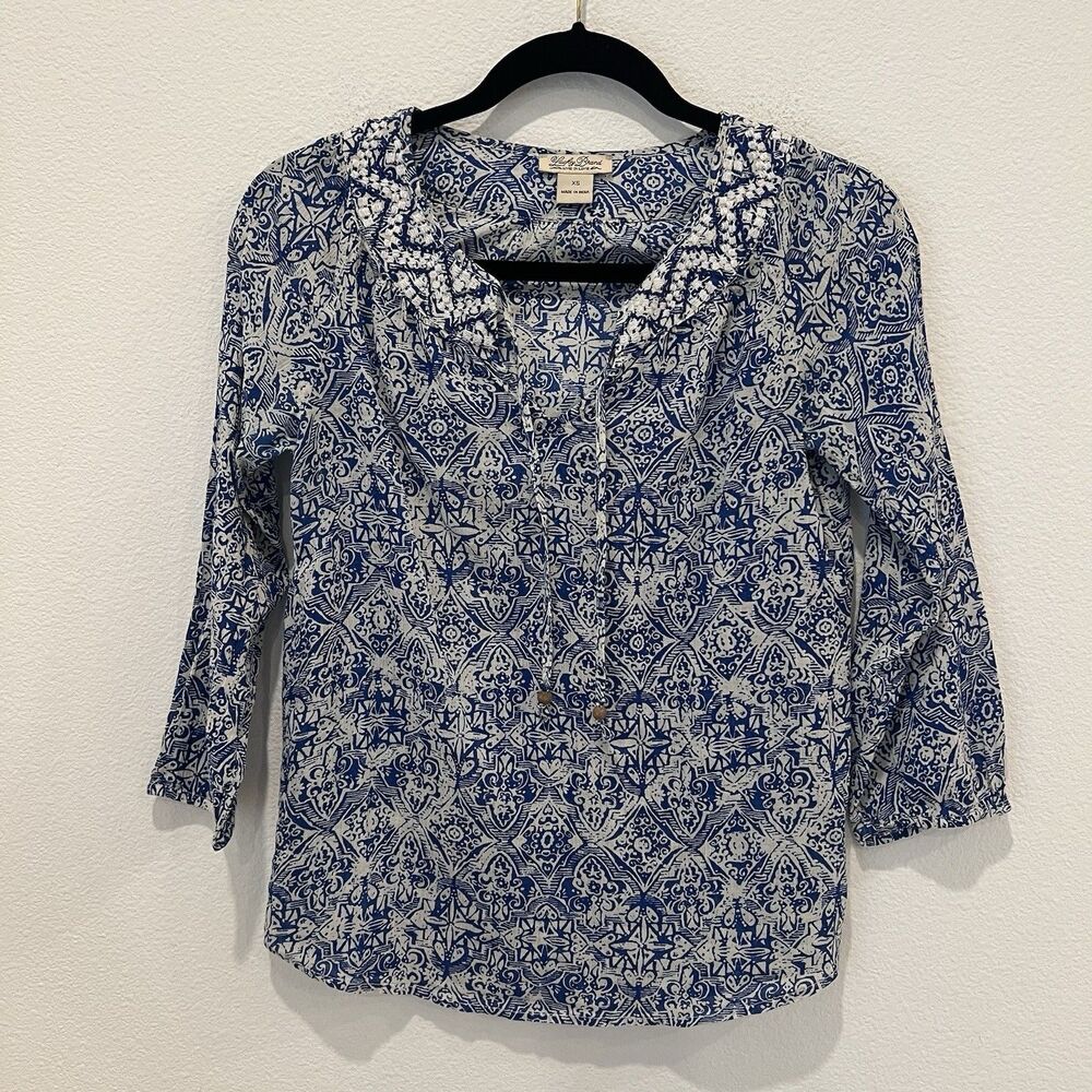 Lucky Brand Top Womens Medium Blue Long Sleeve Boho Peasant